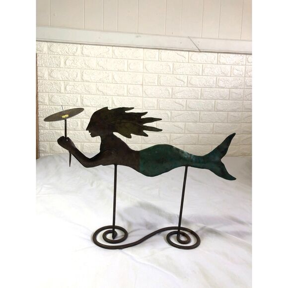 The Unbranded Brand Other - VtgY2K Metal Mermaid Candle Holder 16" Verdigris Patina Nautical Folk Art Statue
